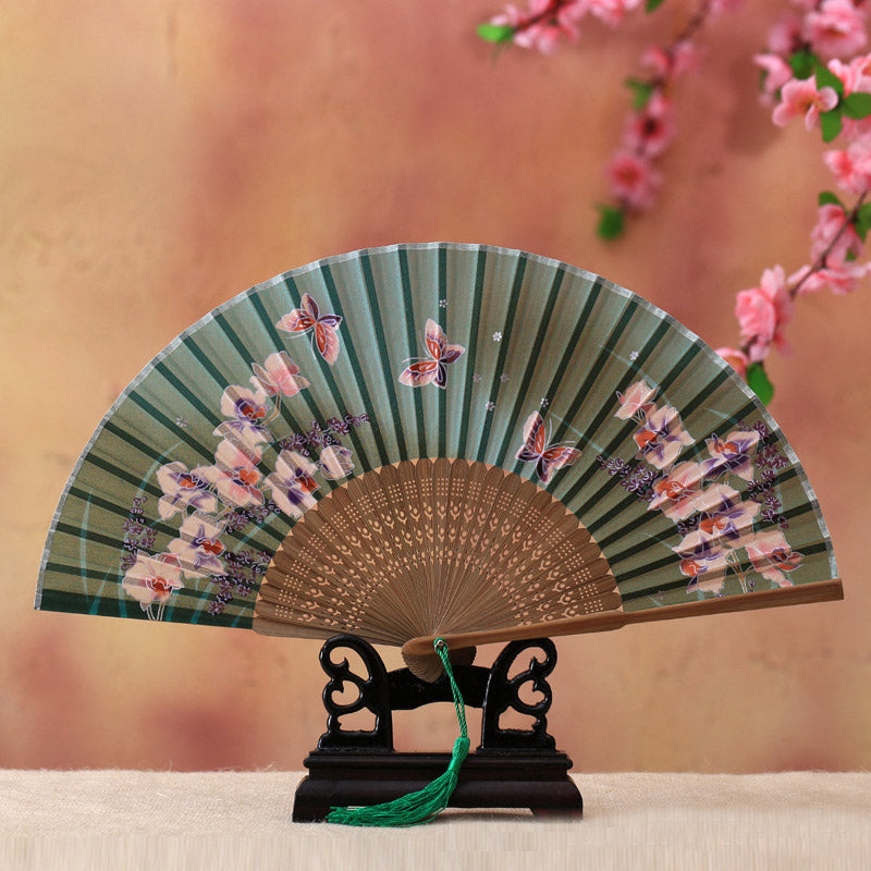 Abanico plegable de bambú con Buddha Stones, flor de cerezo, lirio, mariposa, bambú, 21cm - Mariposa Grande Verde 21cm - image 3