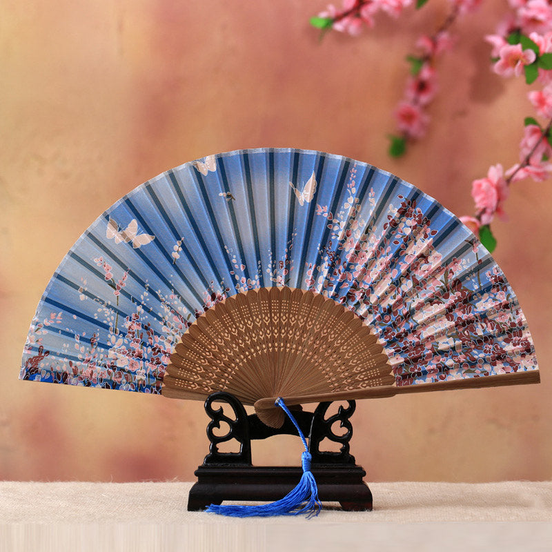 Abanico plegable de bambú con Buddha Stones, flor de cerezo, lirio, mariposa, bambú, 21cm - Mariposa Azul Cielo Flor De Cerezo 21cm - image 6