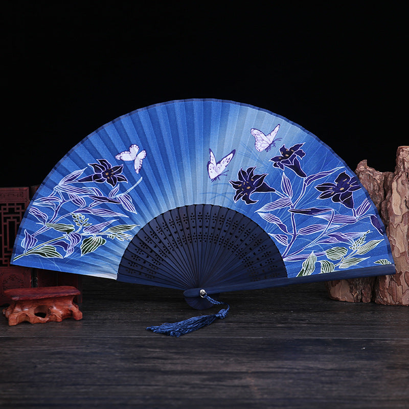 Abanico plegable de bambú con Buddha Stones, flor de cerezo, lirio, mariposa, bambú, 21cm - Lirio Mariposa Azul Oscuro 21cm - image 8