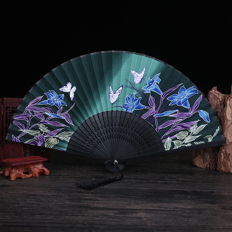 Abanico plegable de bambú con Buddha Stones, flor de cerezo, lirio, mariposa, bambú, 21cm - Lirio Mariposa Verde Negro 21cm - image 9