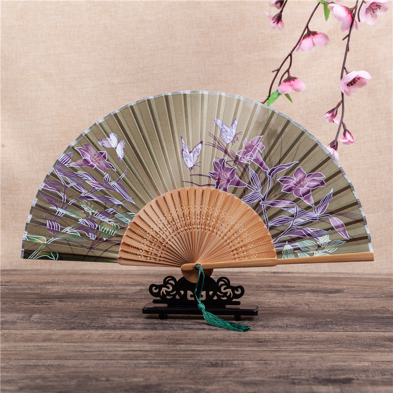 Abanico plegable de bambú con Buddha Stones, flor de cerezo, lirio, mariposa, bambú, 21cm - Lirio Mariposa Marrón Verde 21cm - image 12