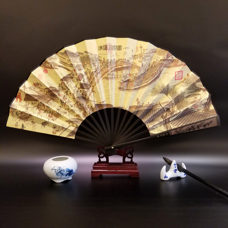 Abanico plegable de bambú de mano con diseño de Buddha Stones, gran muralla, montañas, árboles y grúa, 33,5 cm - A lo largo del río durante el festival Qingming 33,5 cm - image 17