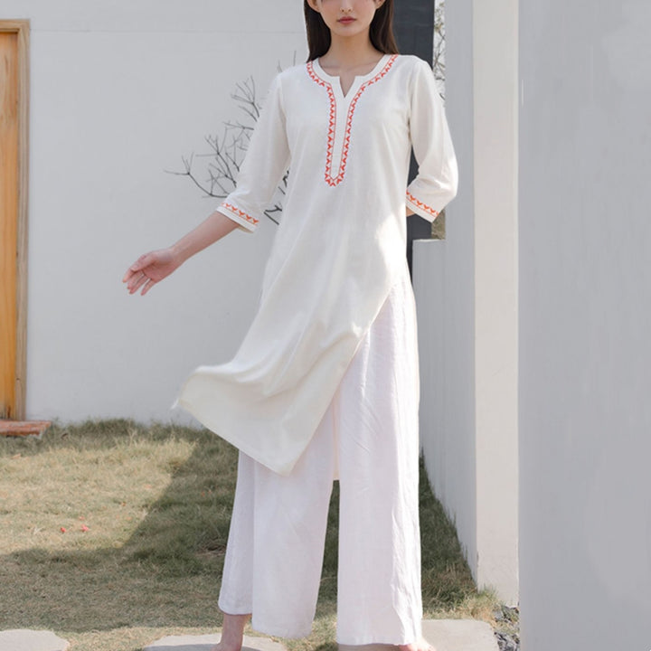 Conjunto de 2 piezas de ropa de Yoga bordada con cuello en V y piedras de Buddha Stones, pantalones superiores de lino y algodón para meditación Zen para mujer