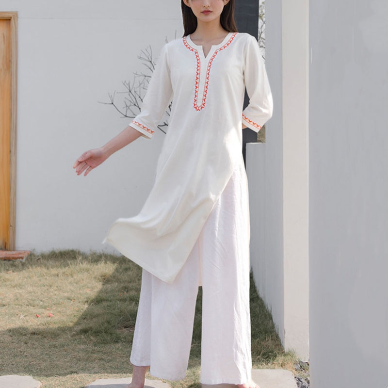 Conjunto de 2 piezas de ropa de Yoga bordada con cuello en V y piedras de Buddha Stones, pantalones superiores de lino y algodón para meditación Zen para mujer - Blanco (Top y pantalones) - US12, UK/AU16, EU44 (2XL)  - image 0