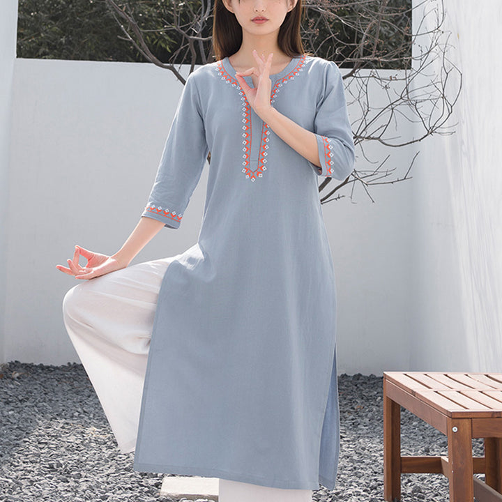 Conjunto de 2 piezas de ropa de Yoga bordada con cuello en V y piedras de Buddha Stones, pantalones superiores de lino y algodón para meditación Zen para mujer