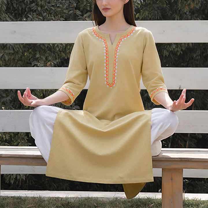 Conjunto de 2 piezas de ropa de Yoga bordada con cuello en V y piedras de Buddha Stones, pantalones superiores de lino y algodón para meditación Zen para mujer