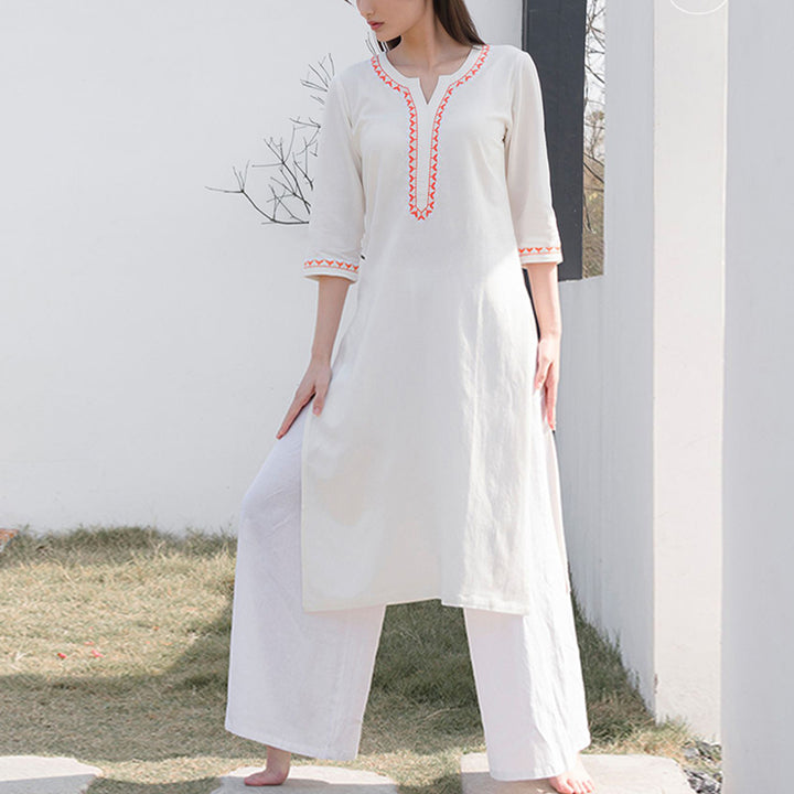 Conjunto de 2 piezas de ropa de Yoga bordada con cuello en V y piedras de Buddha Stones, pantalones superiores de lino y algodón para meditación Zen para mujer