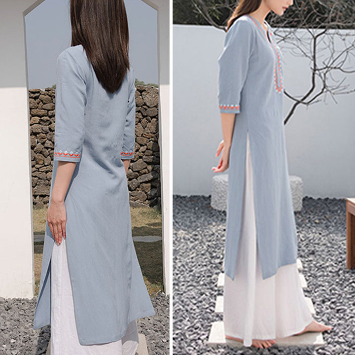 Conjunto de 2 piezas de ropa de Yoga bordada con cuello en V y piedras de Buddha Stones, pantalones superiores de lino y algodón para meditación Zen para mujer - image 12