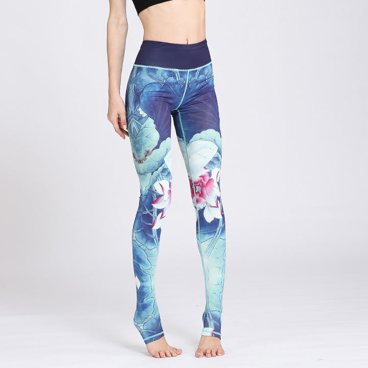 Pantalones de diseño con estampado de flores de loto y Buddha Stones, mallas deportivas para Yoga y Fitness, pantalones de Yoga para mujer - Loto azul - US8-10, UK/AU12-14, EU40-42 (XL) - image 9