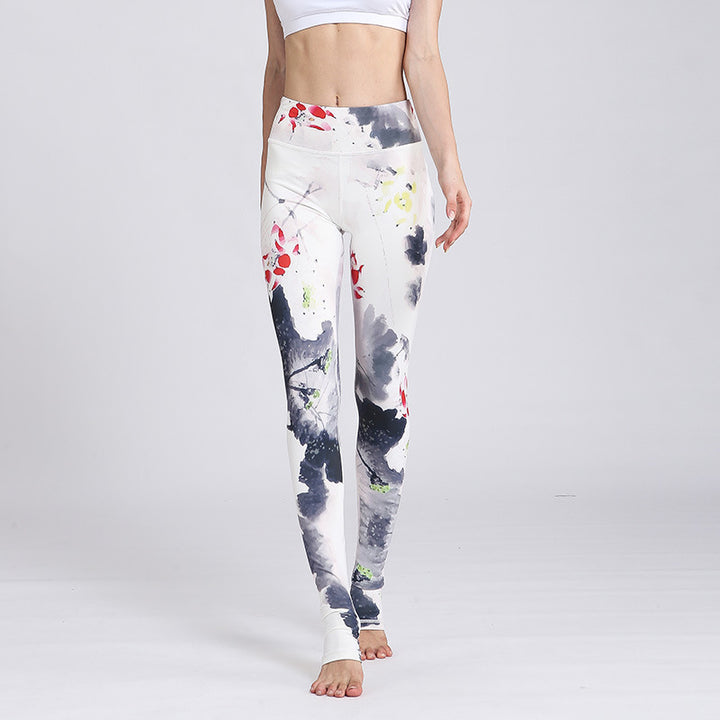 Pantalones de diseño con estampado de flores de loto y Buddha Stones, mallas deportivas para Yoga y Fitness, pantalones de Yoga para mujer - Loto de tinta blanca - US8-10, UK/AU12-14, EU40-42 (XL) - image 27