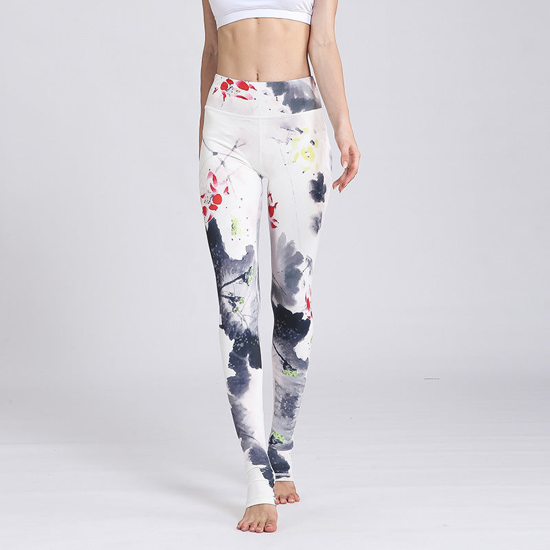 Pantalones de diseño con estampado de flores de loto y Buddha Stones, mallas deportivas para Yoga y Fitness, pantalones de Yoga para mujer - Loto de tinta blanca - US8-10, UK/AU12-14, EU40-42 (XL) - image 27