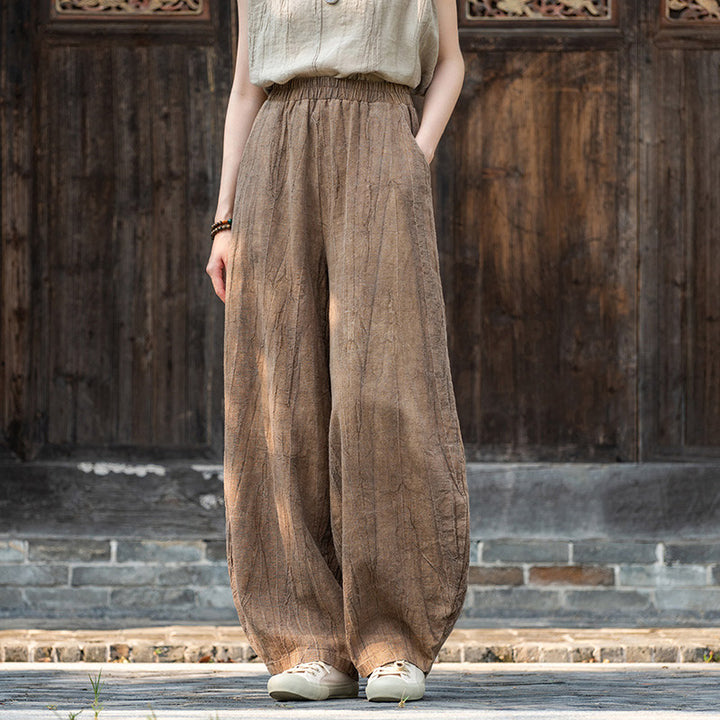 Pantalones de lino de algodón con Buddha Stones , pantalones de diseño teñido anudado, pantalones sueltos de Yoga Zen para mujer con bolsillos - Marrón (Forro polar) - US8-10，UK/AU12-14，EU40-42 (L)  - image 0