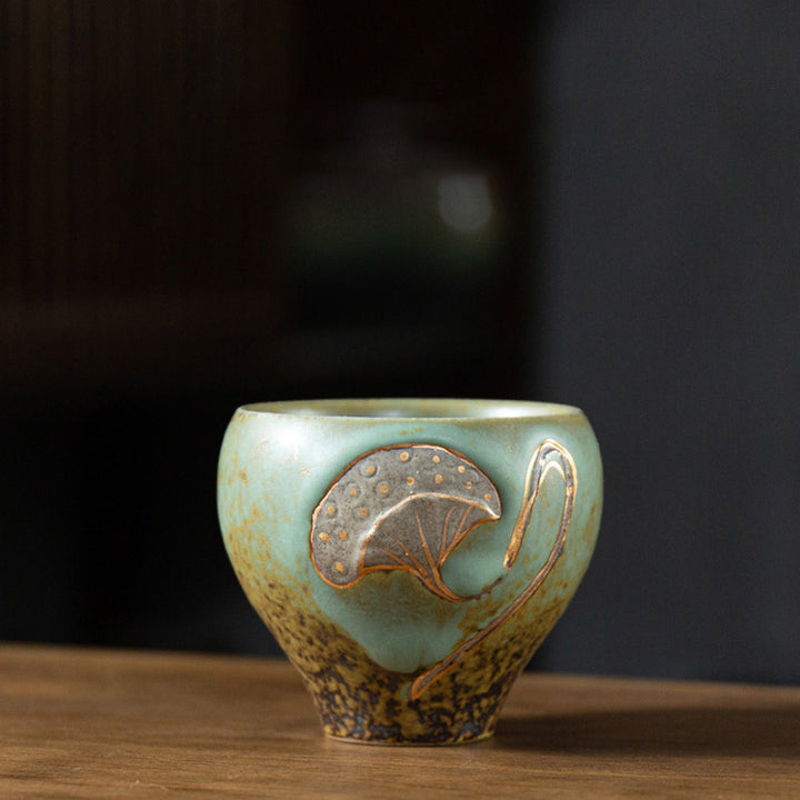 Taza de té de Kung Fu con Buddha Stones , vaina de loto grabada - Verde 7,6 cm x 6,6 cm x 120 ml - image 0