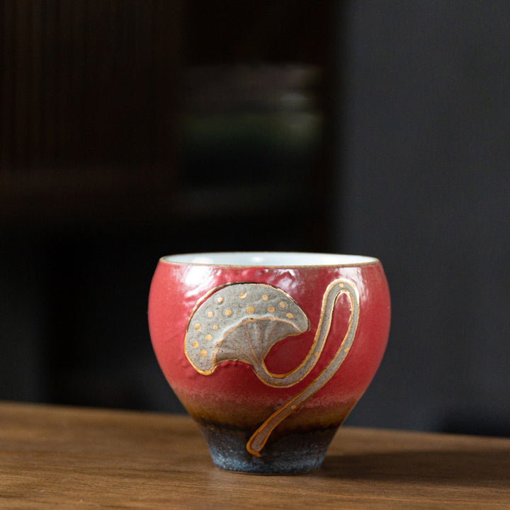 Taza de té de Kung Fu con Buddha Stones , vaina de loto grabada - Rojo 7,6 cm x 6,6 cm x 120 ml - image 4