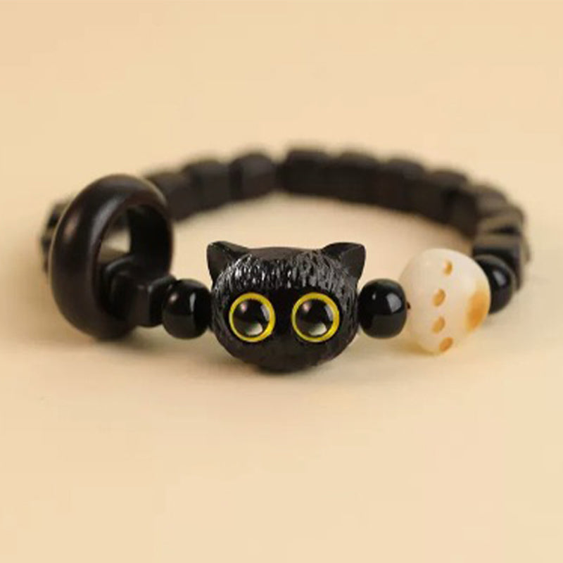 Pulsera de la paz con patrón de cabeza de gato de madera de ébano con Buddha Stones - Semilla de Bodhi de Gato de Ébano (circunferencia de la muñeca: 14-16 cm) - image 9