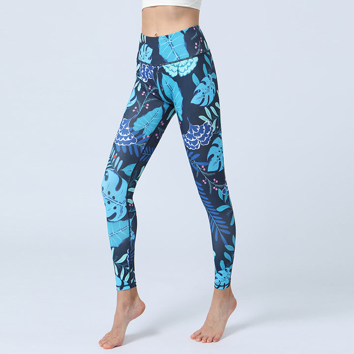 Pantalones con estampado de Buddha Stones, mallas deportivas de cintura alta para Yoga, pantalones de Yoga para mujer - Hojas azules - US8-10, UK/AU12-14, EU40-42 (XL)  - image 4