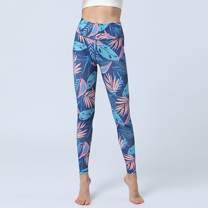 Pantalones con estampado de Buddha Stones, mallas deportivas de cintura alta para Yoga, pantalones de Yoga para mujer - Hojas azules y rosas - US8-10, UK/AU12-14, EU40-42 (XL)  - image 15