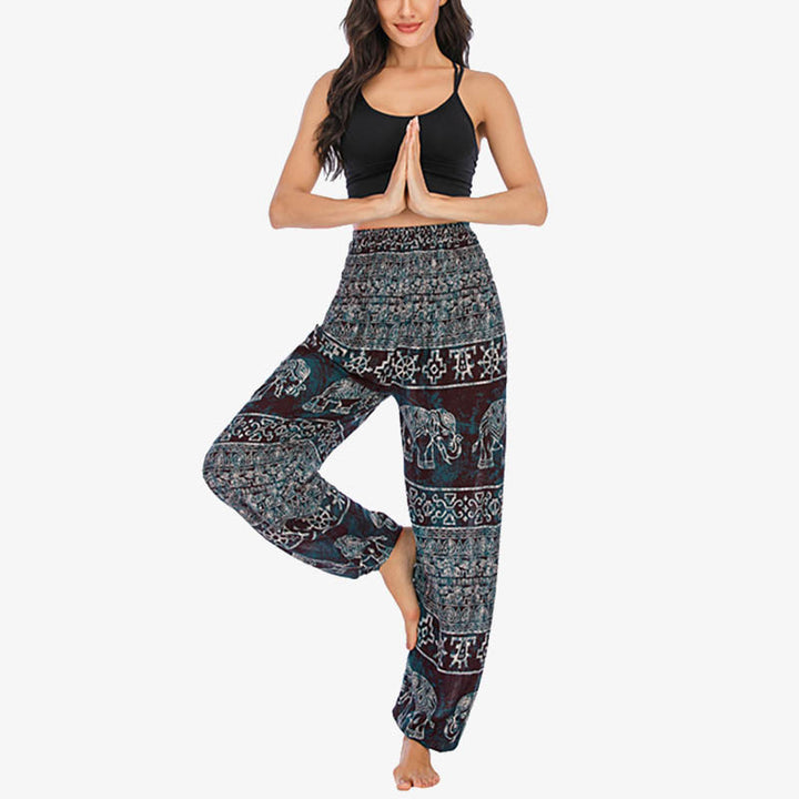 Pantalones de yoga para mujer con estampado de elefante y Buddha Stones, sueltos, informales, de cintura alta - Elefante negro - US2-8/10，UK/AU6-12/14，EU34-40/42 (F) - image 1