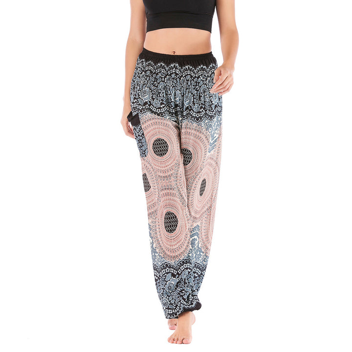 Pantalones de yoga para mujer con estampado geométrico redondo de Buddha Stones, sueltos, informales, de cintura alta - Beige Blanco Negro- US2-8/10，UK/AU6-12/14，EU34-40/42 (F) - image 9