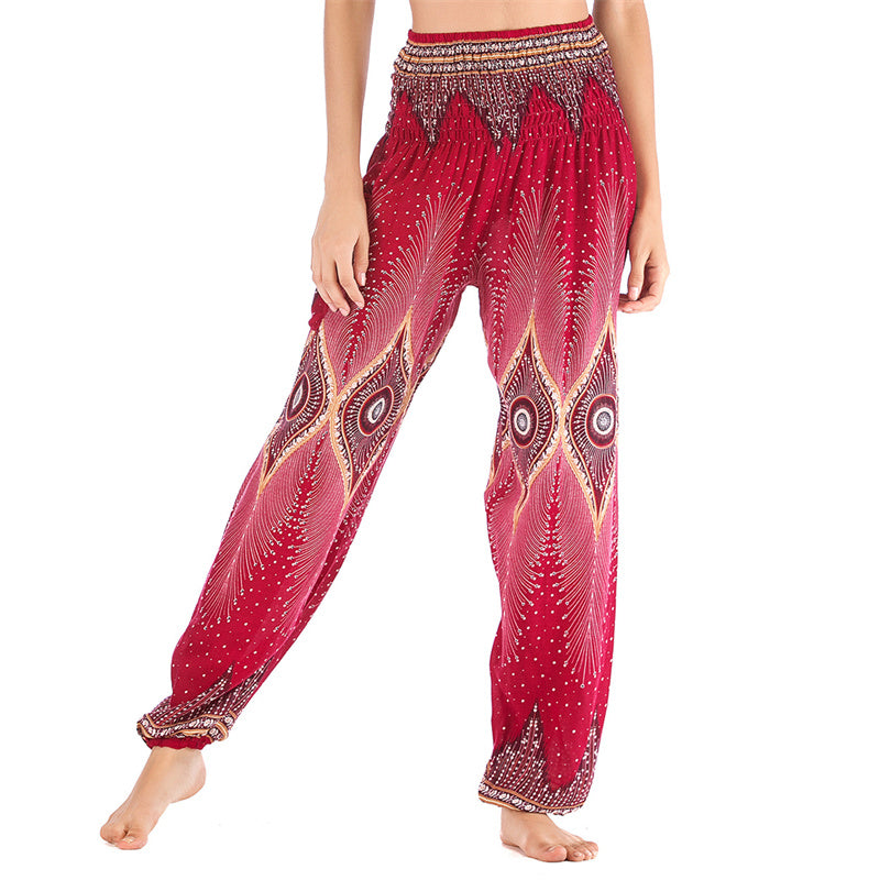 Pantalones de yoga para mujer con diseño de plumas de pavo real y ojos pequeños con Buddha Stones - Rojo- US2-8/10，UK/AU6-12/14，EU34-40/42 (F) - image 0