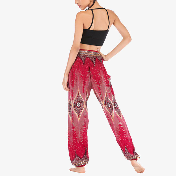 Pantalones de yoga para mujer con diseño de plumas de pavo real y ojos pequeños con Buddha Stones - image 3