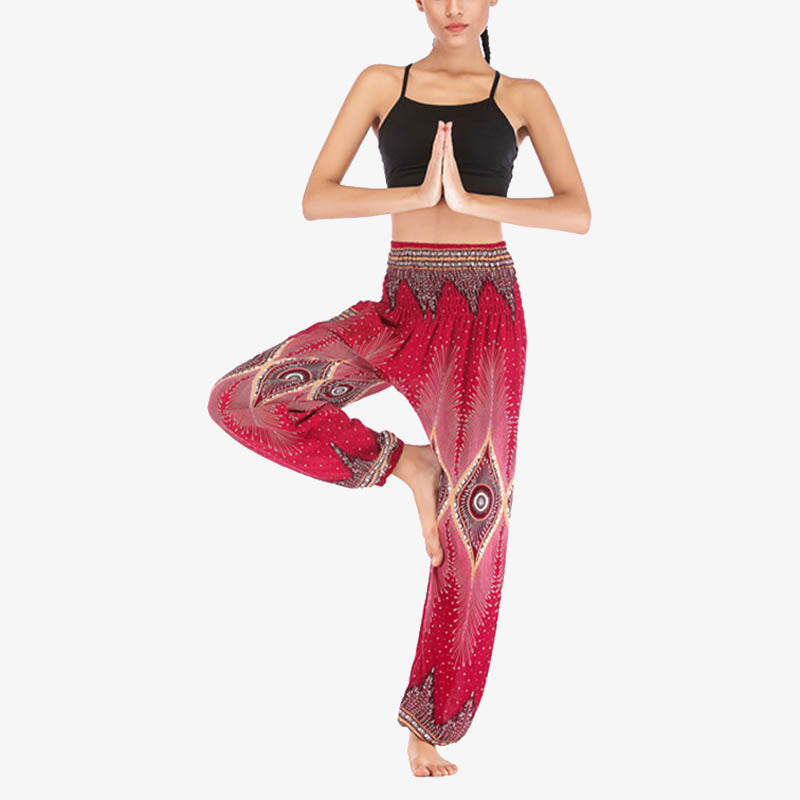 Pantalones de yoga para mujer con diseño de plumas de pavo real y ojos pequeños con Buddha Stones - image 1