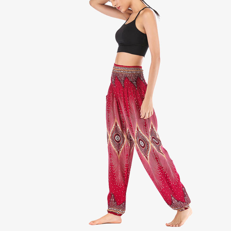 Pantalones de yoga para mujer con diseño de plumas de pavo real y ojos pequeños con Buddha Stones - image 8