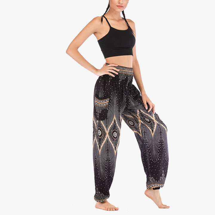 Pantalones de yoga para mujer con diseño de plumas de pavo real y ojos pequeños con Buddha Stones - image 14