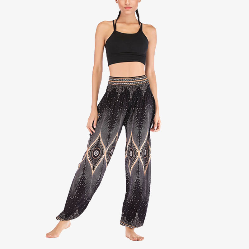 Pantalones de yoga para mujer con diseño de plumas de pavo real y ojos pequeños con Buddha Stones - image 16