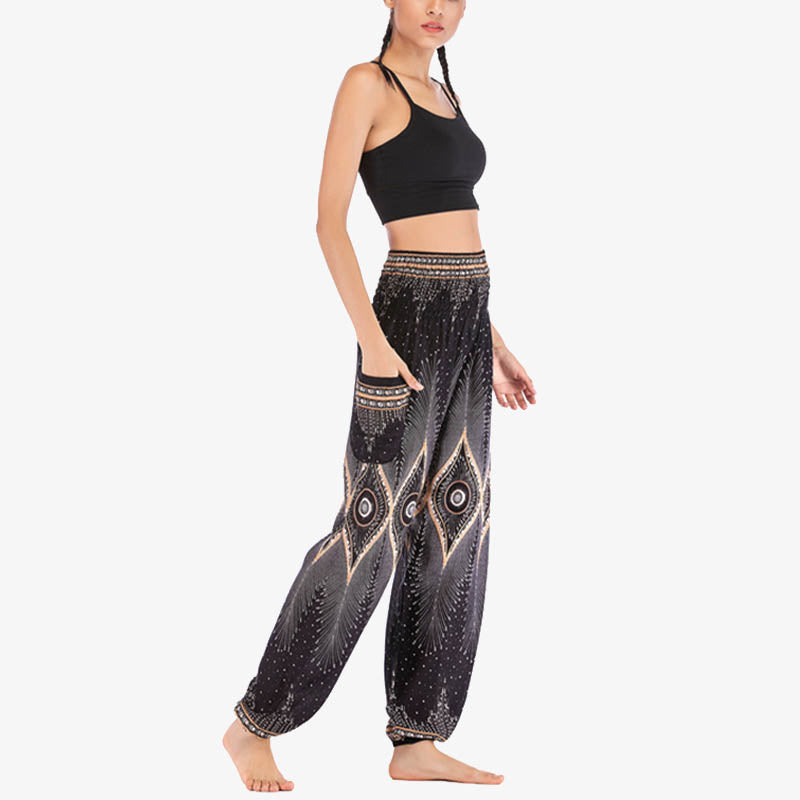 Pantalones de yoga para mujer con diseño de plumas de pavo real y ojos pequeños con Buddha Stones - image 18
