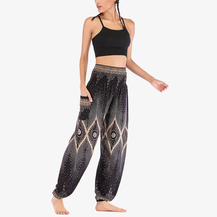 Pantalones de yoga para mujer con diseño de plumas de pavo real y ojos pequeños con Buddha Stones - image 20