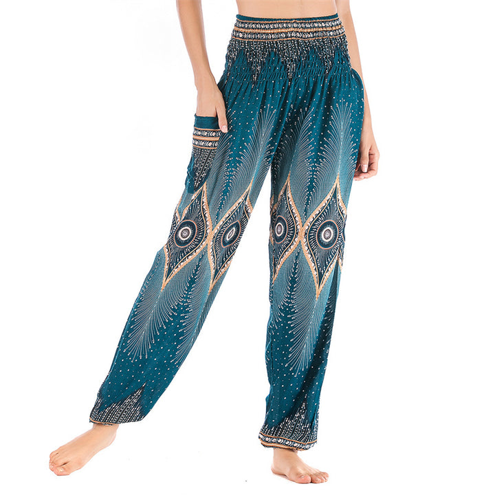Pantalones de yoga para mujer con diseño de plumas de pavo real y ojos pequeños con Buddha Stones - Cian: US2-8/10，UK/AU6-12/14，EU34-40/42 (F) - image 22