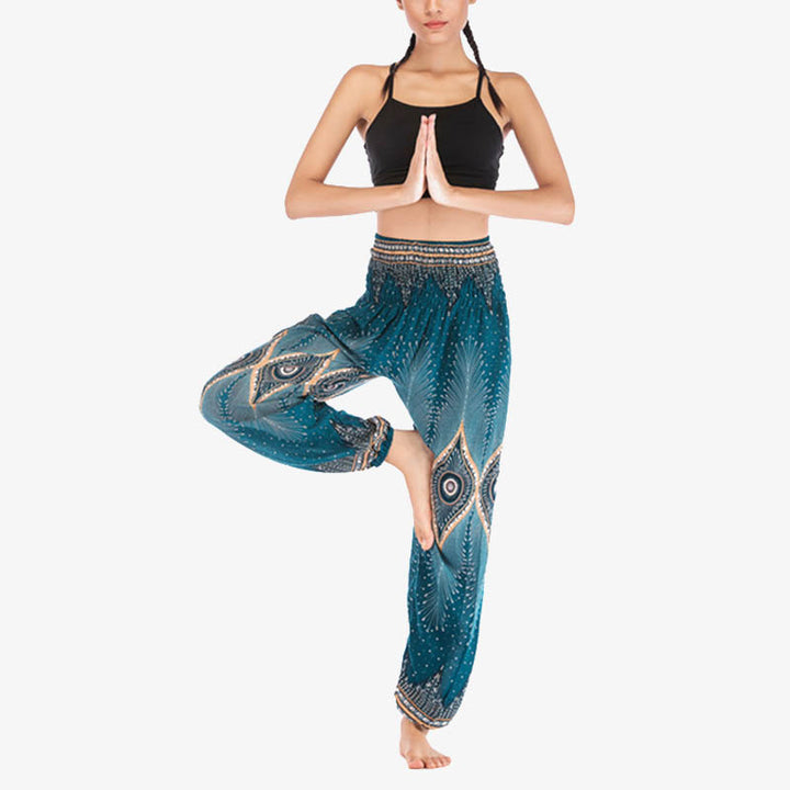 Pantalones de yoga para mujer con diseño de plumas de pavo real y ojos pequeños con Buddha Stones - image 22