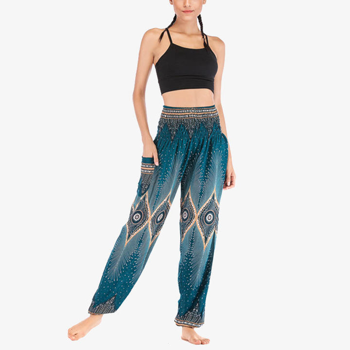 Pantalones de yoga para mujer con diseño de plumas de pavo real y ojos pequeños con Buddha Stones - image 26