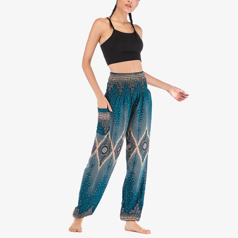 Pantalones de yoga para mujer con diseño de plumas de pavo real y ojos pequeños con Buddha Stones - image 29