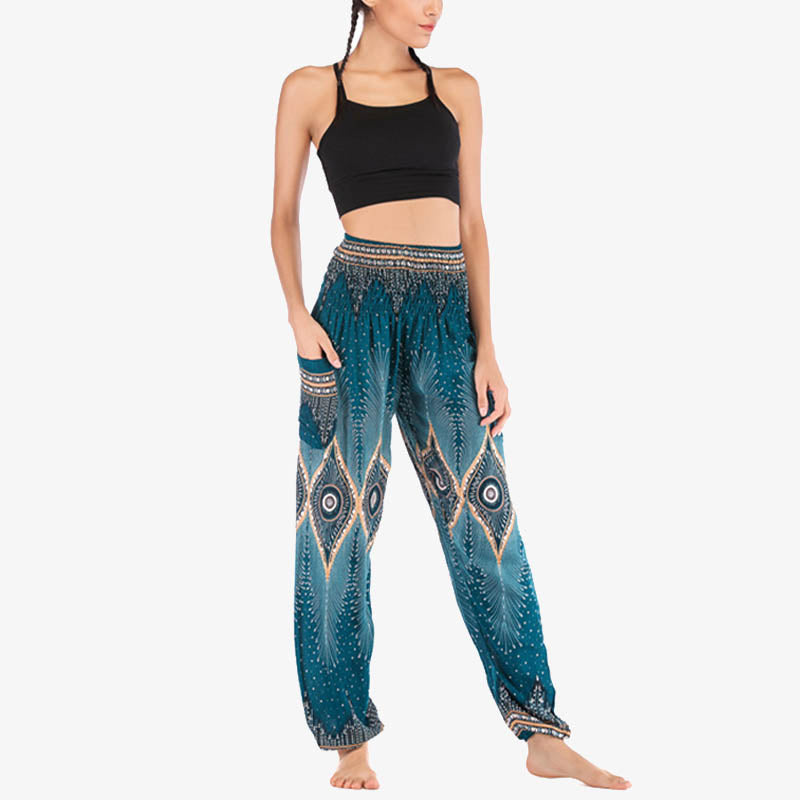 Pantalones de yoga para mujer con diseño de plumas de pavo real y ojos pequeños con Buddha Stones - image 30