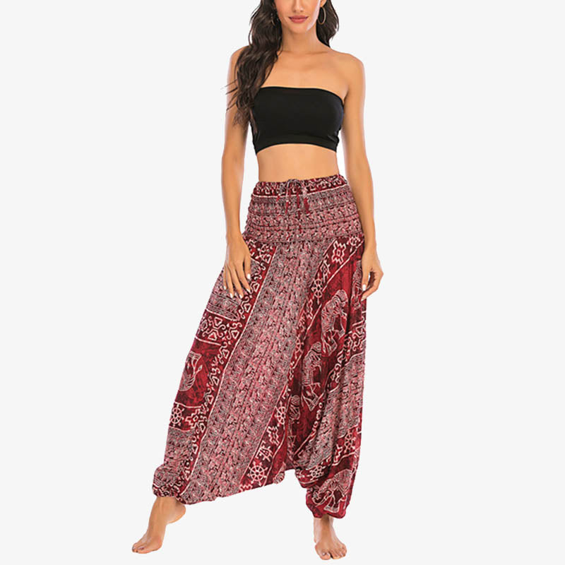 Buddha Stones de dos estilos Patrón de elefante Pantalones de harén holgados ahumados Mono Pantalones de yoga para mujer - image 1