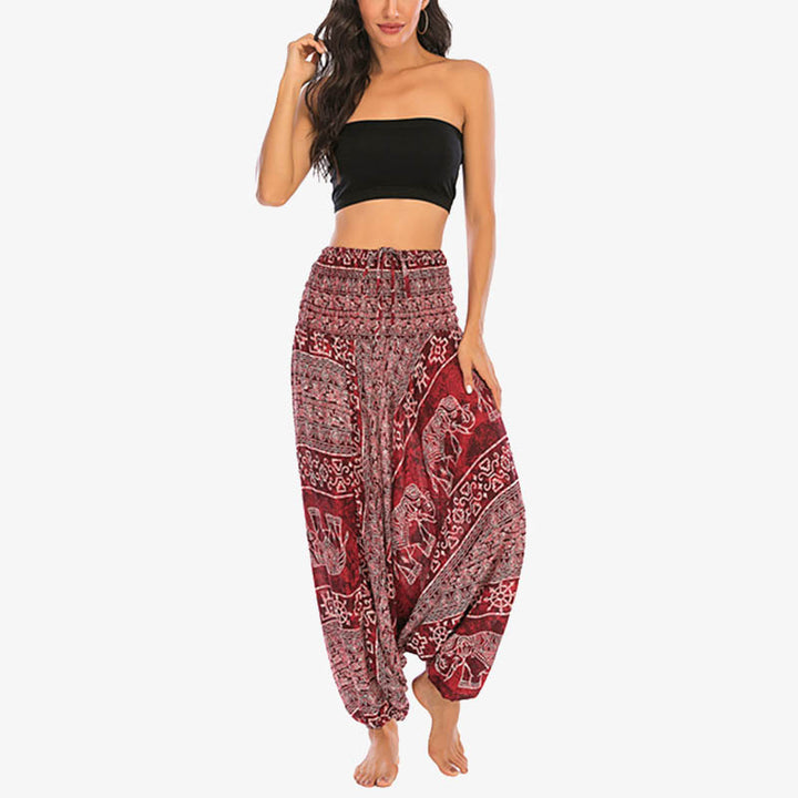 Buddha Stones de dos estilos Patrón de elefante Pantalones de harén holgados ahumados Mono Pantalones de yoga para mujer - image 5