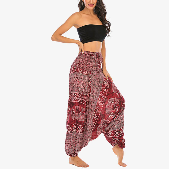 Buddha Stones de dos estilos Patrón de elefante Pantalones de harén holgados ahumados Mono Pantalones de yoga para mujer - image 2