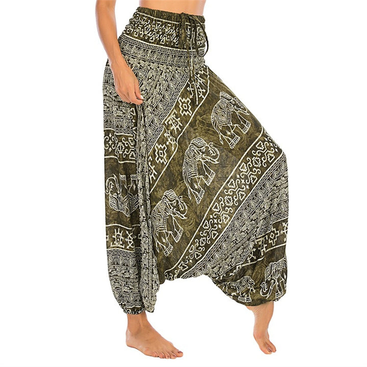 Buddha Stones de dos estilos Patrón de elefante Pantalones de harén holgados ahumados Mono Pantalones de yoga para mujer - Elefante verde - US2-12, UK/AU6-16, EU34-44 (F) - image 9