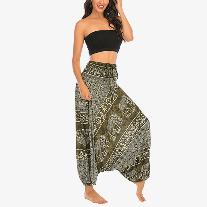 Buddha Stones de dos estilos Patrón de elefante Pantalones de harén holgados ahumados Mono Pantalones de yoga para mujer - image 11