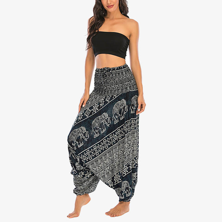 Buddha Stones de dos estilos Patrón de elefante Pantalones de harén holgados ahumados Mono Pantalones de yoga para mujer - image 26