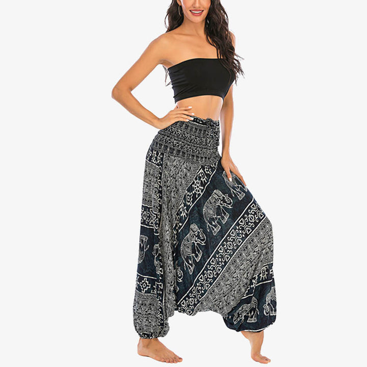 Buddha Stones de dos estilos Patrón de elefante Pantalones de harén holgados ahumados Mono Pantalones de yoga para mujer - image 23