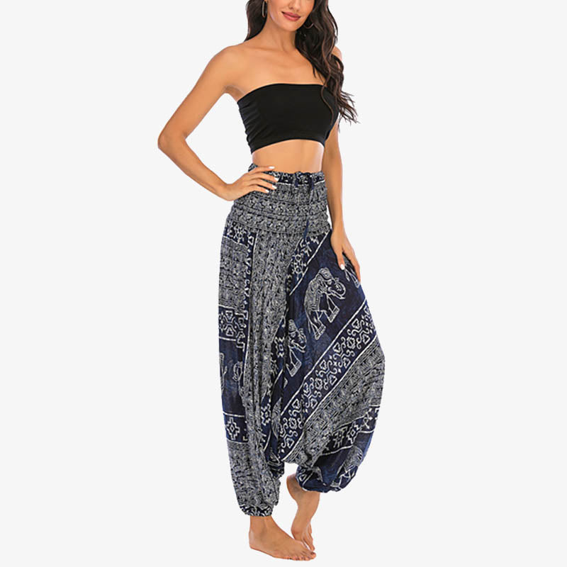 Buddha Stones de dos estilos Patrón de elefante Pantalones de harén holgados ahumados Mono Pantalones de yoga para mujer - image 33