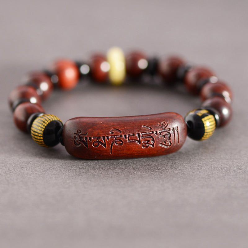 Pulsera de protección grabada con Buddha Stones, hoja pequeña, sándalo rojo, Om Mani Padme Hum