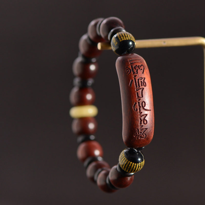 Pulsera de protección grabada con Buddha Stones, hoja pequeña, sándalo rojo, Om Mani Padme Hum