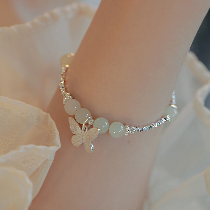 Pulsera con dije de mariposa de la suerte de jade hetiano natural de plata de ley 925 con Buddha Stones - image 7