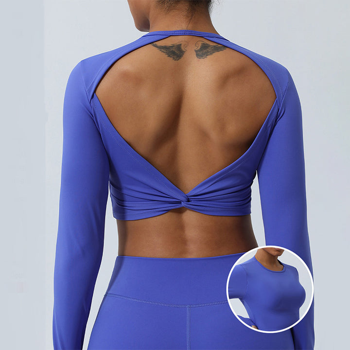 Buddha Stones Mujeres Entrenamiento Manga Larga Entrecruzada Sin Espalda Top Tee Leggings Deportes Fitness Yoga Traje