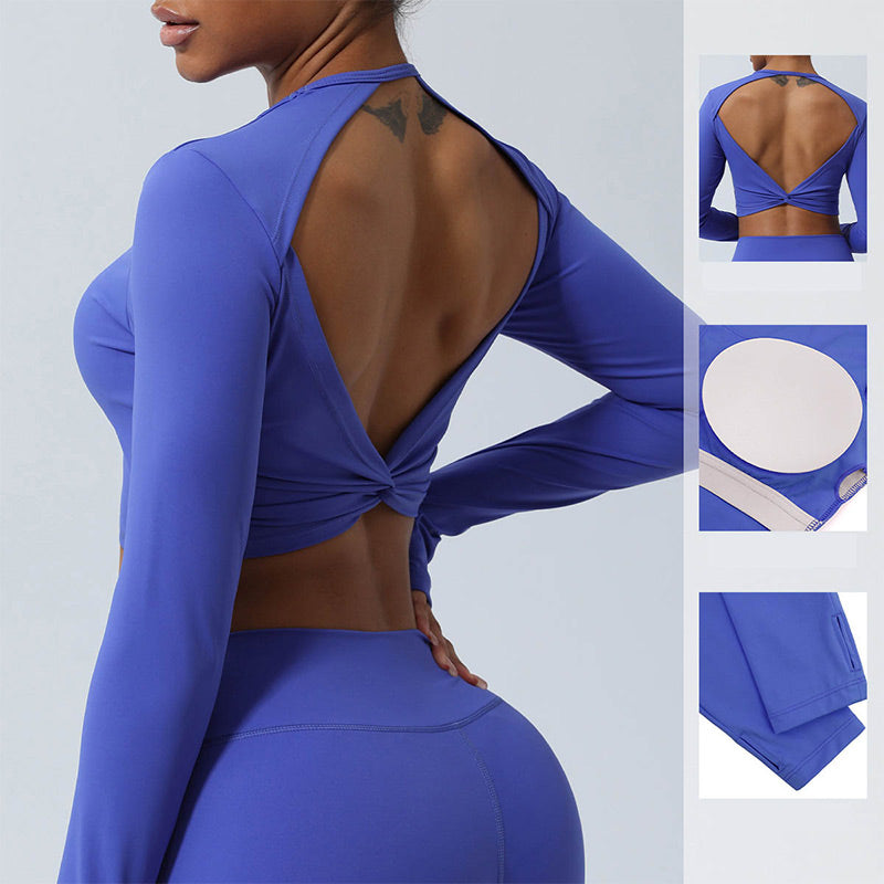Buddha Stones Mujeres Entrenamiento Manga Larga Entrecruzada Sin Espalda Top Tee Leggings Deportes Fitness Yoga Traje
