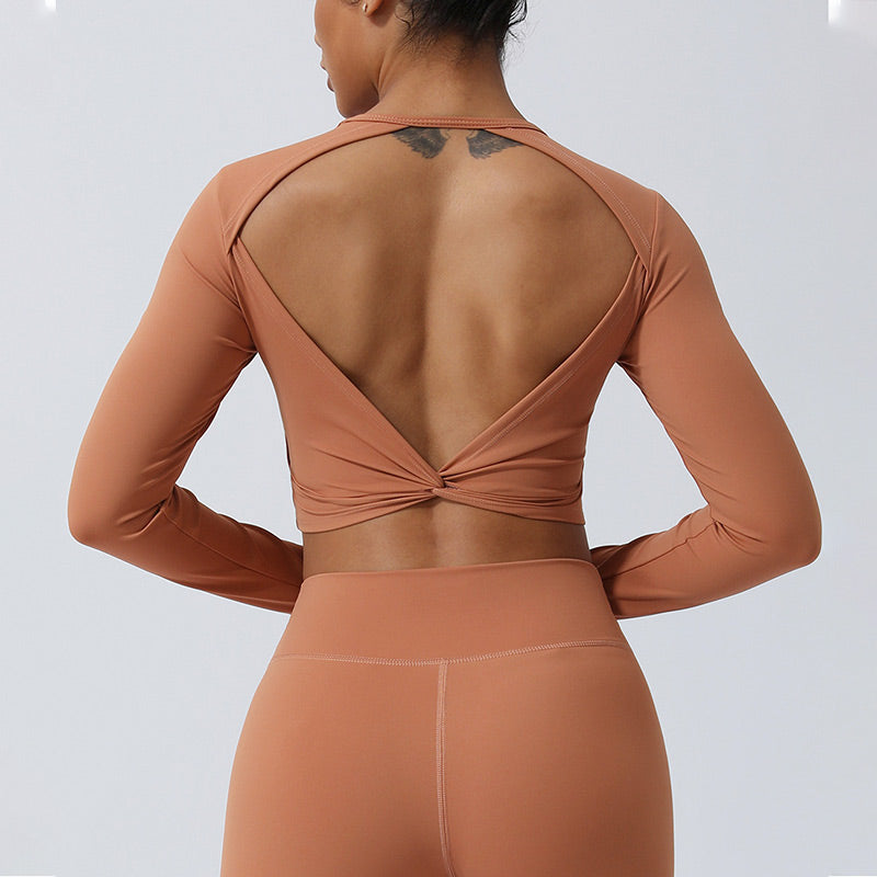 Buddha Stones Mujeres Entrenamiento Manga Larga Entrecruzada Sin Espalda Top Tee Leggings Deportes Fitness Yoga Traje